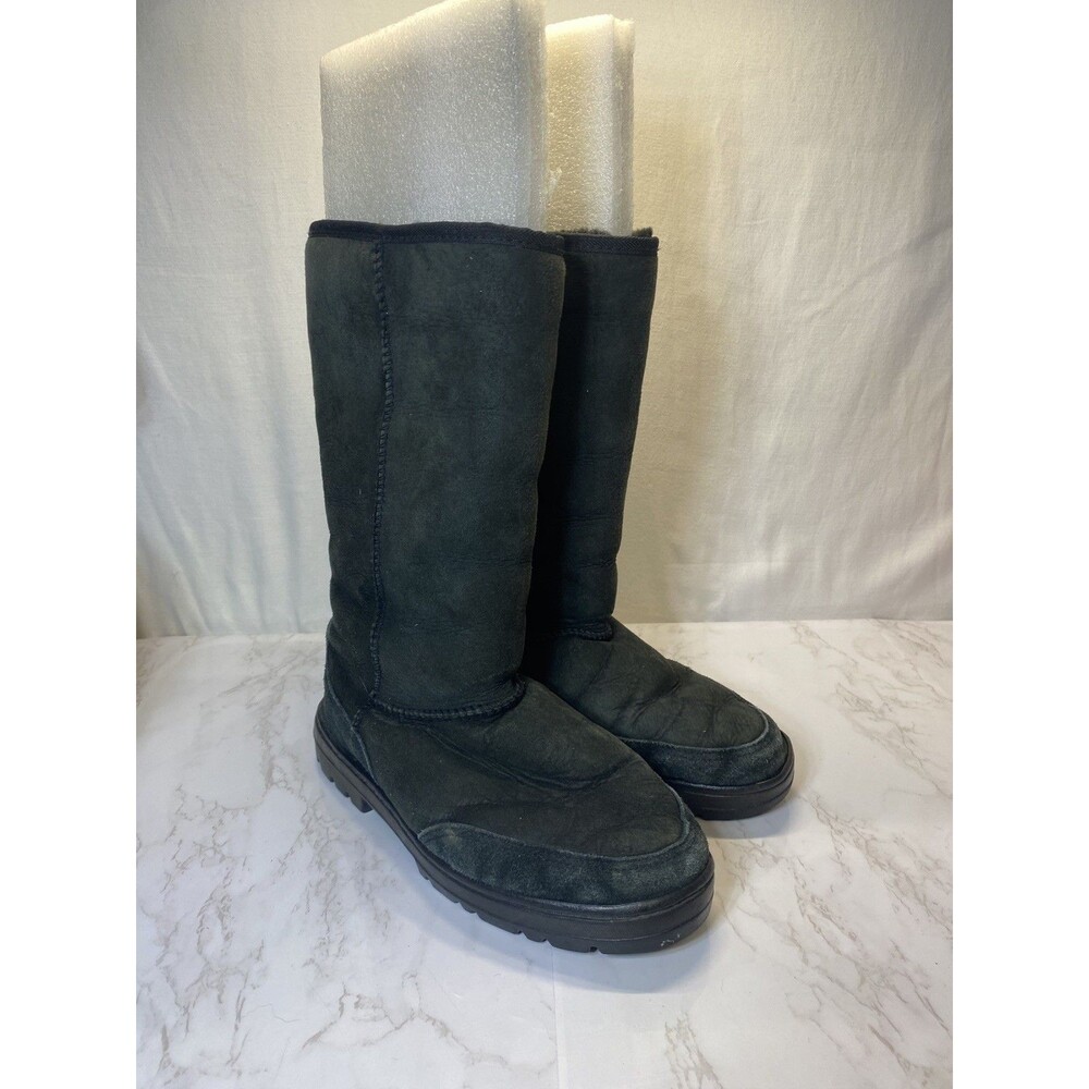 UGG Ultra Tall Boots Womens 8 VTG Black Tasman Braid Suede Shearling Rubber Sole